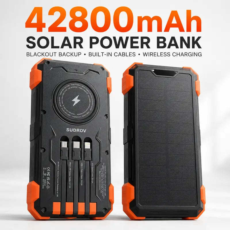 Unleash Power Anywhere: Sudrov 42800mAh Solar Rechargeable Power Bank with Fast Charging, Built-In Cables, and Dual Flashlights