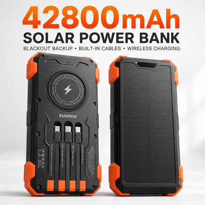 Unleash Power Anywhere: Sudrov 42800mAh Solar Rechargeable Power Bank with Fast Charging, Built-In Cables, and Dual Flashlights