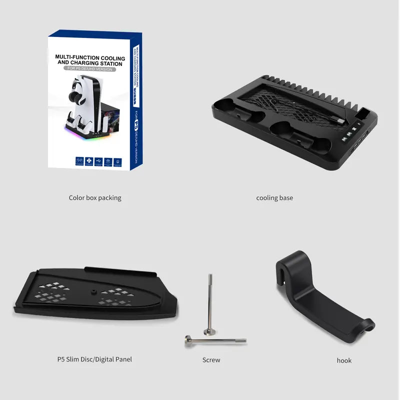 Cooling Stand for PS5 with Dual Controller Charging Station, Dual Cooling Fans, RGB Light, 3 USB Hub and Headset Holder, Compatible with PS5 Standard Slim Pro Disc & Digital Consoles