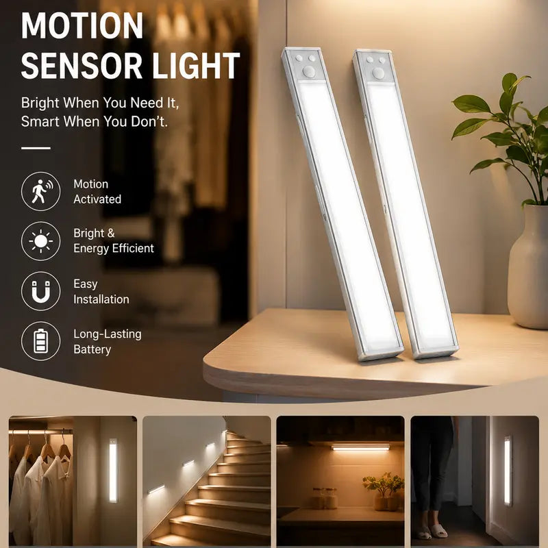 Illuminate Your Space with 52 LED Rechargeable Under Cabinet Lights – Motion Sensor, Cool White for Kitchen, Closet, and Stairs (12.2 Inches, Silver) - Available in 1 or 2 PCS