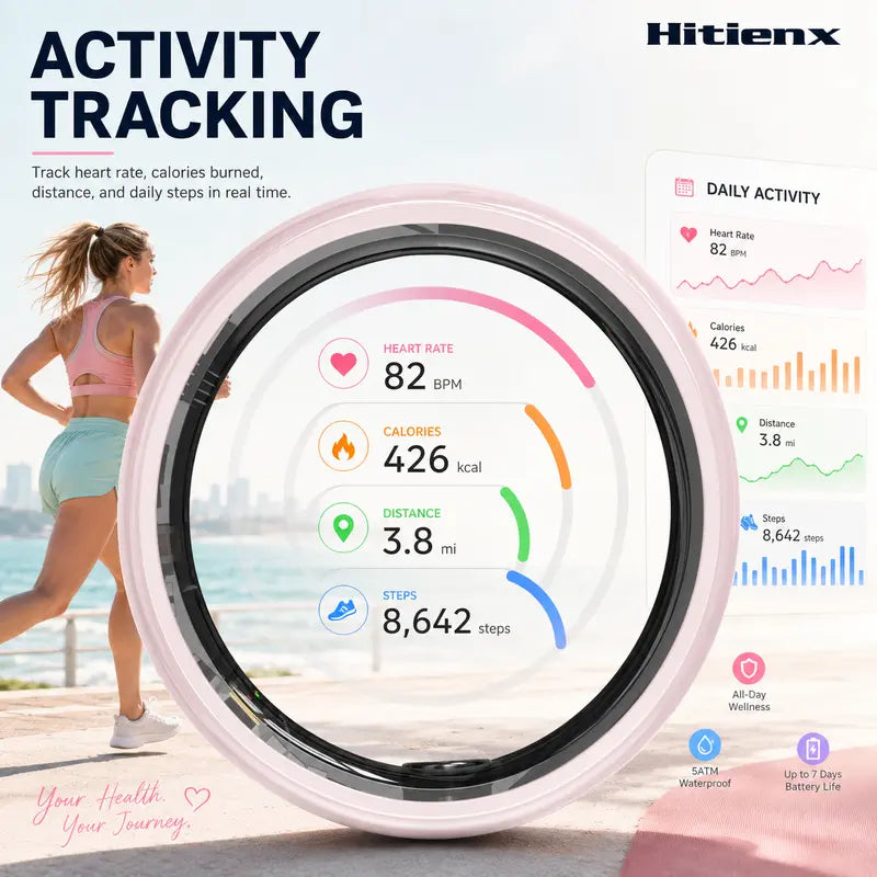 Hitienx Pink Ceramic Smart Ring: The Perfect Fusion of Fashion and Fitness for Women - Track Sleep, Heart Rate & More!