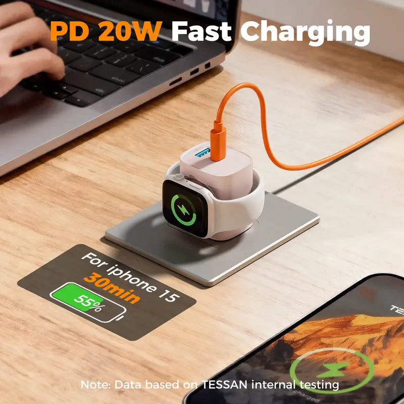 Experience Fast and Versatile Charging with the Tessan 3-In-1 PD20W USB-C Charger Block - Wireless Charging for Apple Watch and Dual Ports for iPhone and More!
