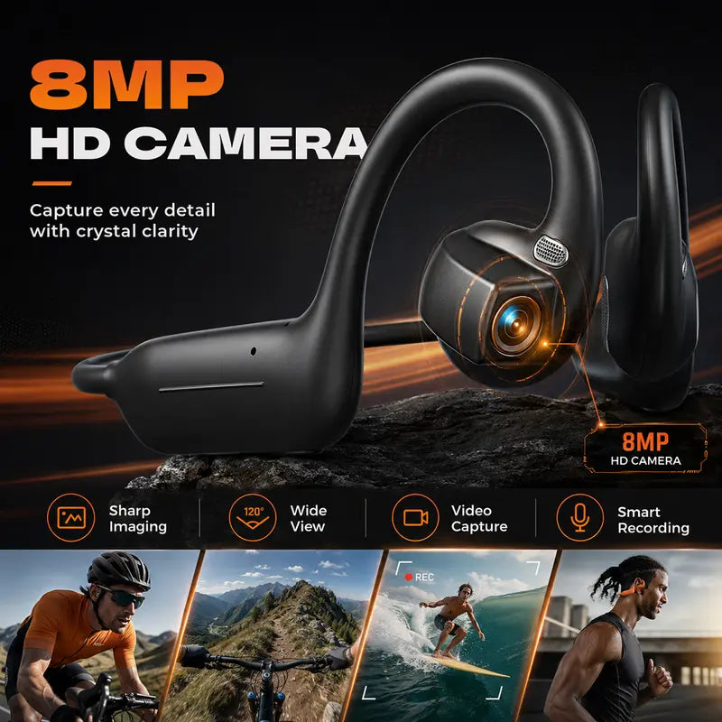E12 Bluetooth Bone Conduction Wireless Audio Sport Headsets with BT Wireless Link, 8MP HD EIS Stabilization Camera Button, 160+ Languages Instant Translation, Touch Control, IP65 Waterproof for Outdoor Cycling Vlog Recording, Guys’ Outdoor Gadget Gifts