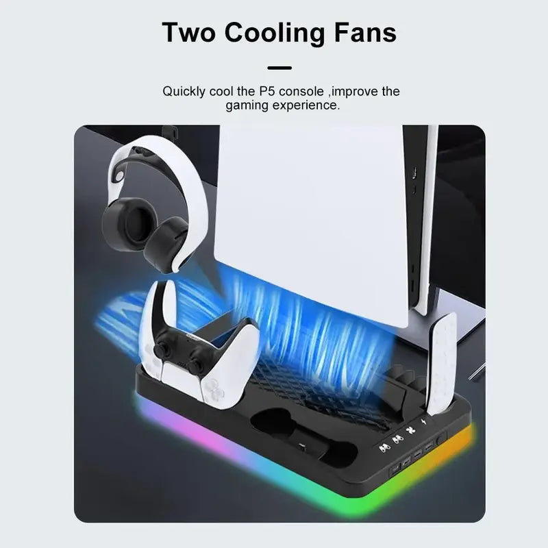 Cooling Stand for PS5 with Dual Controller Charging Station, Dual Cooling Fans, RGB Light, 3 USB Hub and Headset Holder, Compatible with PS5 Standard Slim Pro Disc & Digital Consoles