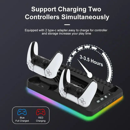 Cooling Stand for PS5 with Dual Controller Charging Station, Dual Cooling Fans, RGB Light, 3 USB Hub and Headset Holder, Compatible with PS5 Standard Slim Pro Disc & Digital Consoles