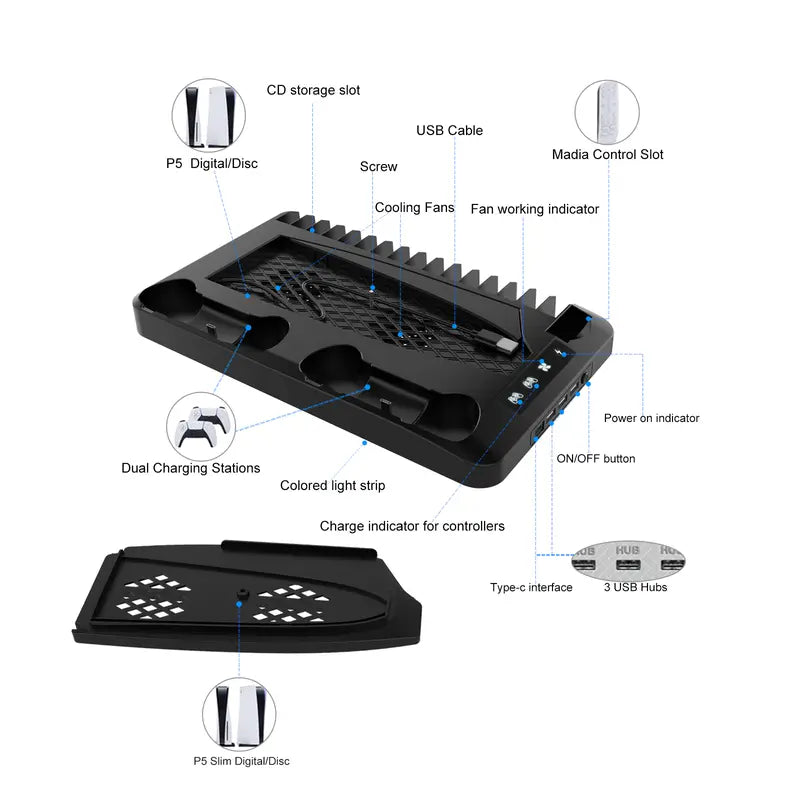 Cooling Stand for PS5 with Dual Controller Charging Station, Dual Cooling Fans, RGB Light, 3 USB Hub and Headset Holder, Compatible with PS5 Standard Slim Pro Disc & Digital Consoles