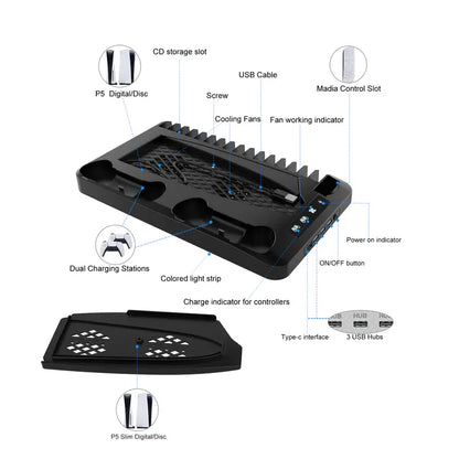 Cooling Stand for PS5 with Dual Controller Charging Station, Dual Cooling Fans, RGB Light, 3 USB Hub and Headset Holder, Compatible with PS5 Standard Slim Pro Disc & Digital Consoles
