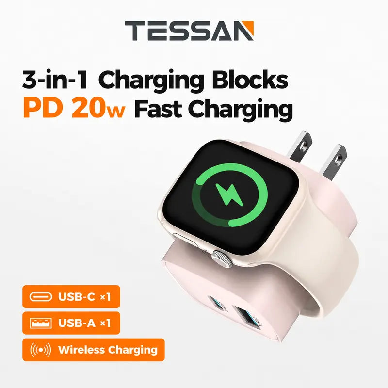 Experience Fast and Versatile Charging with the Tessan 3-In-1 PD20W USB-C Charger Block - Wireless Charging for Apple Watch and Dual Ports for iPhone and More!