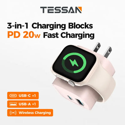 Experience Fast and Versatile Charging with the Tessan 3-In-1 PD20W USB-C Charger Block - Wireless Charging for Apple Watch and Dual Ports for iPhone and More!