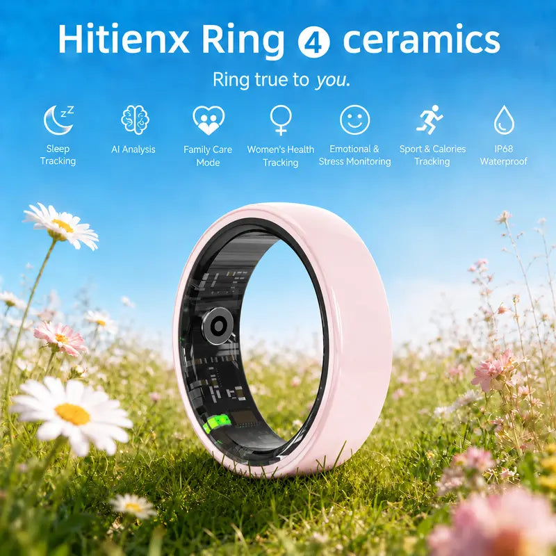 Hitienx Pink Ceramic Smart Ring: The Perfect Fusion of Fashion and Fitness for Women - Track Sleep, Heart Rate & More!