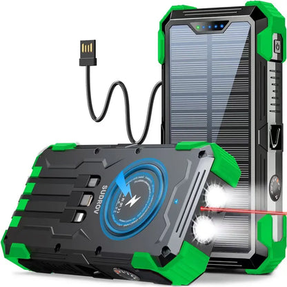 Unleash Power Anywhere: Sudrov 42800mAh Solar Rechargeable Power Bank with Fast Charging, Built-In Cables, and Dual Flashlights
