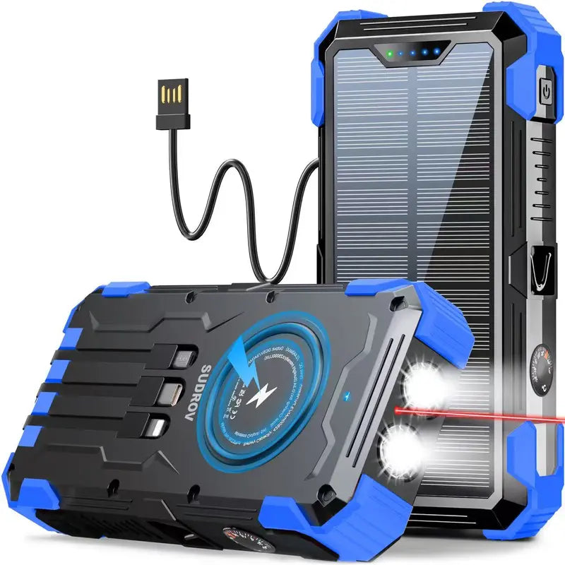 Unleash Power Anywhere: Sudrov 42800mAh Solar Rechargeable Power Bank with Fast Charging, Built-In Cables, and Dual Flashlights