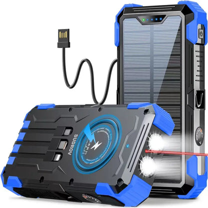 Unleash Power Anywhere: Sudrov 42800mAh Solar Rechargeable Power Bank with Fast Charging, Built-In Cables, and Dual Flashlights