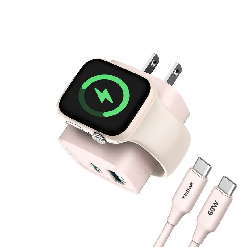 Experience Fast and Versatile Charging with the Tessan 3-In-1 PD20W USB-C Charger Block - Wireless Charging for Apple Watch and Dual Ports for iPhone and More!