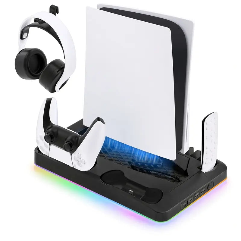Cooling Stand for PS5 with Dual Controller Charging Station, Dual Cooling Fans, RGB Light, 3 USB Hub and Headset Holder, Compatible with PS5 Standard Slim Pro Disc & Digital Consoles