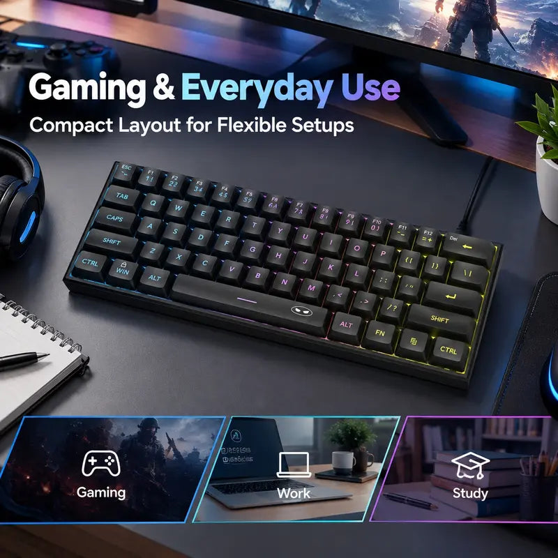 Elevate Your Gaming Experience with the MageGee TS91 60% Compact RGB Backlit Wired Keyboard - Ergonomic Design for PC, Mac, PS4, and Xbox One