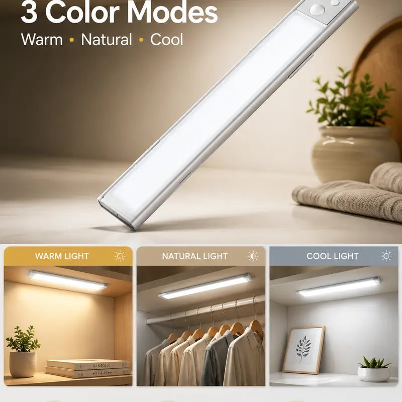 Illuminate Your Space with 52 LED Rechargeable Under Cabinet Lights – Motion Sensor, Cool White for Kitchen, Closet, and Stairs (12.2 Inches, Silver) - Available in 1 or 2 PCS