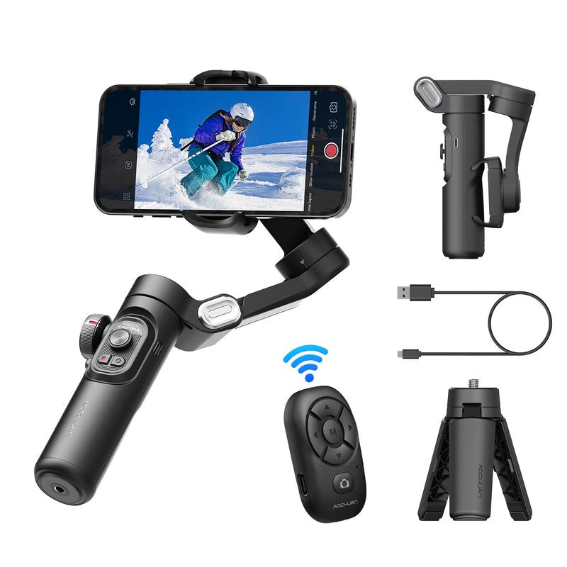 AOCHUAN 3-Axis Gimbal Stabilizer for Smartphone (Iphone/Android), Foldable Phone Accessory with RGB Magnetic Photographic Fill Light, Upgraded Face Tracking, Focus Wheel for Vlogging & Video Recording