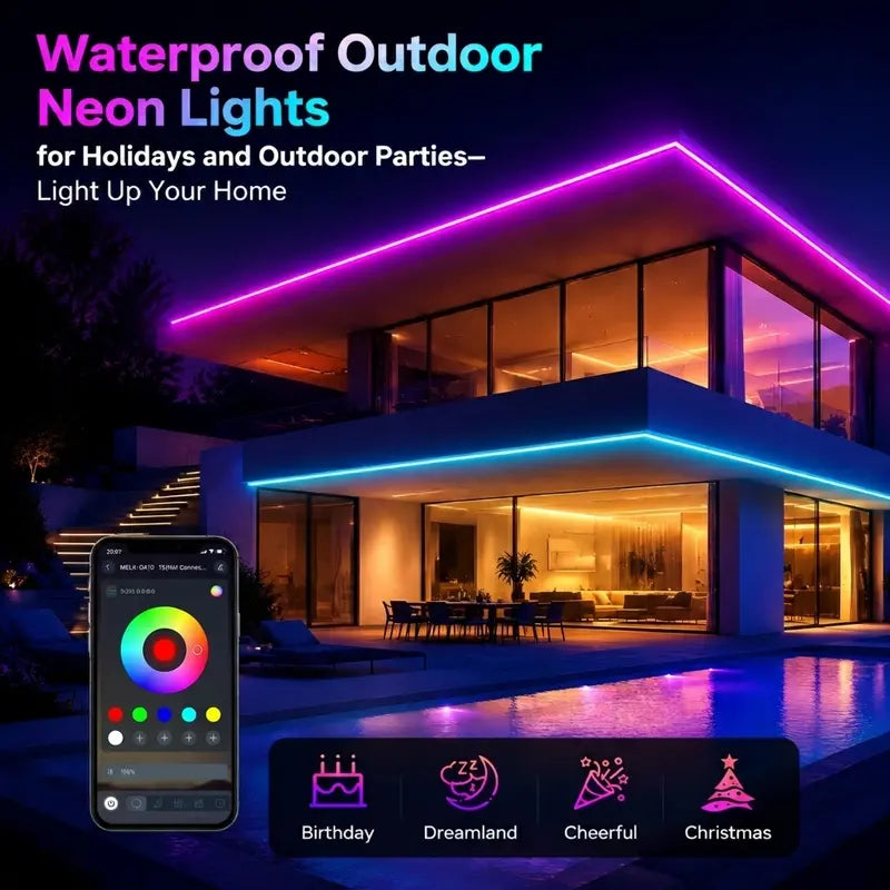 Elevate Your Space with the Upgraded RGBIC Smart Neon LED Strip - 5M/10M Color-Changing Mood Lights with Bluetooth APP Control & Music Sync