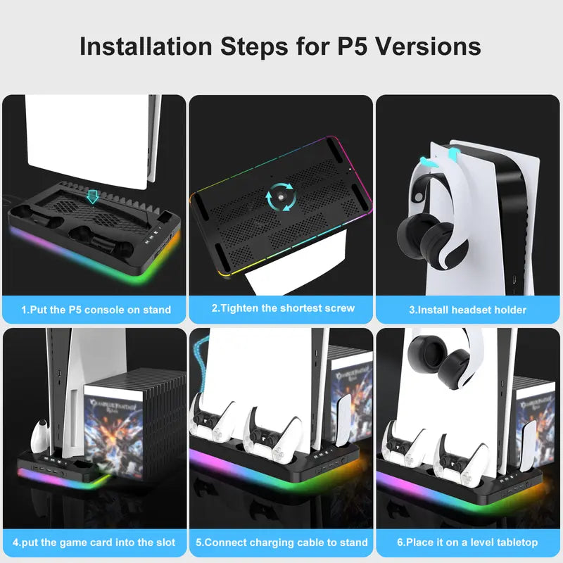 Cooling Stand for PS5 with Dual Controller Charging Station, Dual Cooling Fans, RGB Light, 3 USB Hub and Headset Holder, Compatible with PS5 Standard Slim Pro Disc & Digital Consoles