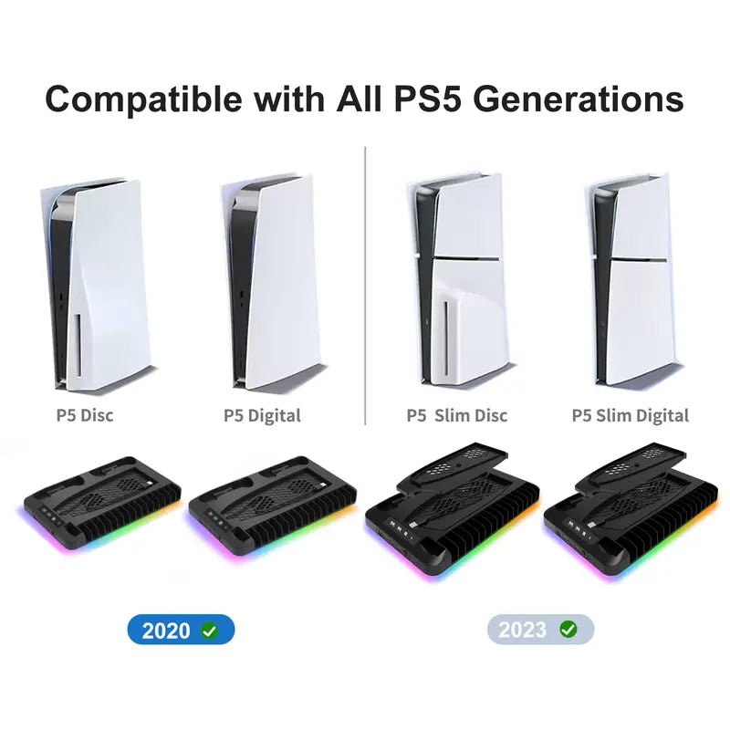 Cooling Stand for PS5 with Dual Controller Charging Station, Dual Cooling Fans, RGB Light, 3 USB Hub and Headset Holder, Compatible with PS5 Standard Slim Pro Disc & Digital Consoles