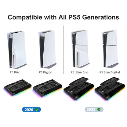 Cooling Stand for PS5 with Dual Controller Charging Station, Dual Cooling Fans, RGB Light, 3 USB Hub and Headset Holder, Compatible with PS5 Standard Slim Pro Disc & Digital Consoles