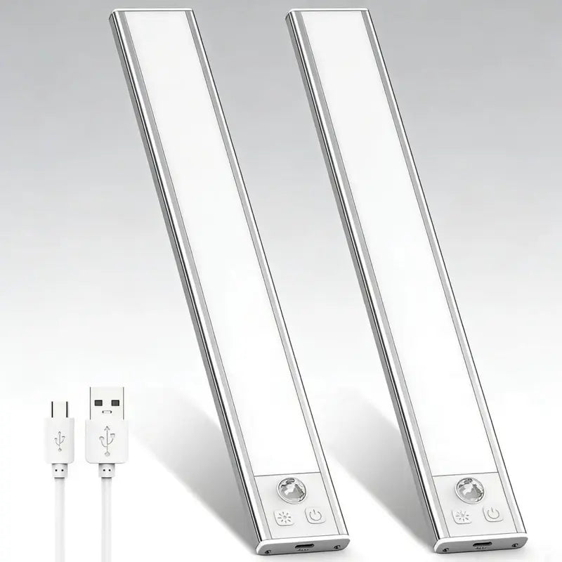 Illuminate Your Space with 52 LED Rechargeable Under Cabinet Lights – Motion Sensor, Cool White for Kitchen, Closet, and Stairs (12.2 Inches, Silver) - Available in 1 or 2 PCS