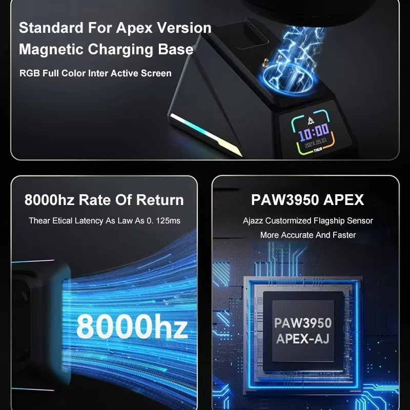 AJ179 APEX PAW3950 30000DPI Wireless Gaming Mouse - Ergonomic Right-Handed Design with RGB Charging Dock