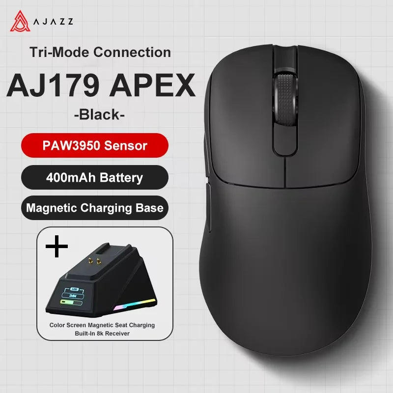 AJ179 APEX PAW3950 30000DPI Wireless Gaming Mouse - Ergonomic Right-Handed Design with RGB Charging Dock