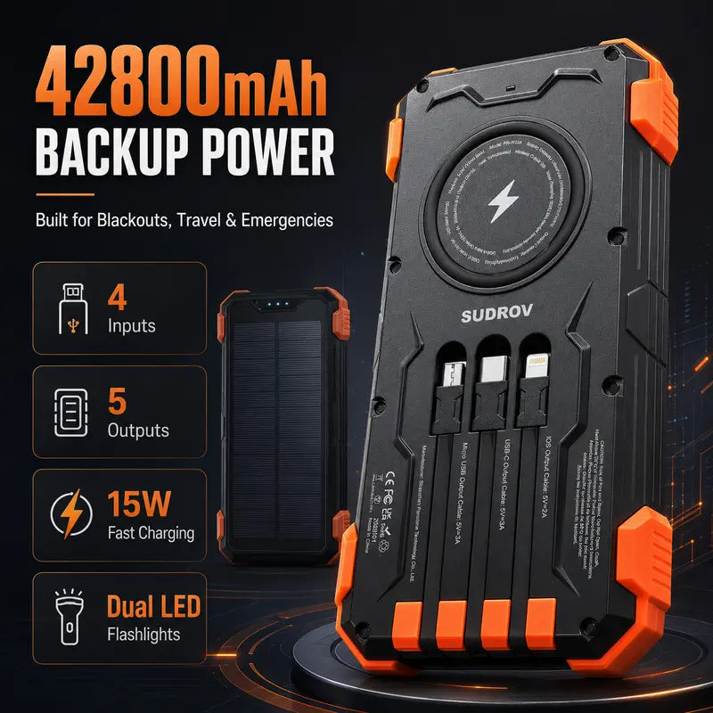 Unleash Power Anywhere: Sudrov 42800mAh Solar Rechargeable Power Bank with Fast Charging, Built-In Cables, and Dual Flashlights