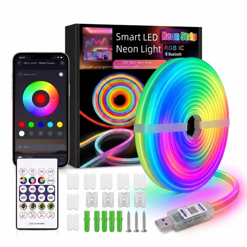 Elevate Your Space with the Upgraded RGBIC Smart Neon LED Strip - 5M/10M Color-Changing Mood Lights with Bluetooth APP Control & Music Sync