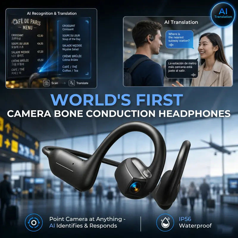 E12 Bluetooth Bone Conduction Wireless Audio Sport Headsets with BT Wireless Link, 8MP HD EIS Stabilization Camera Button, 160+ Languages Instant Translation, Touch Control, IP65 Waterproof for Outdoor Cycling Vlog Recording, Guys’ Outdoor Gadget Gifts