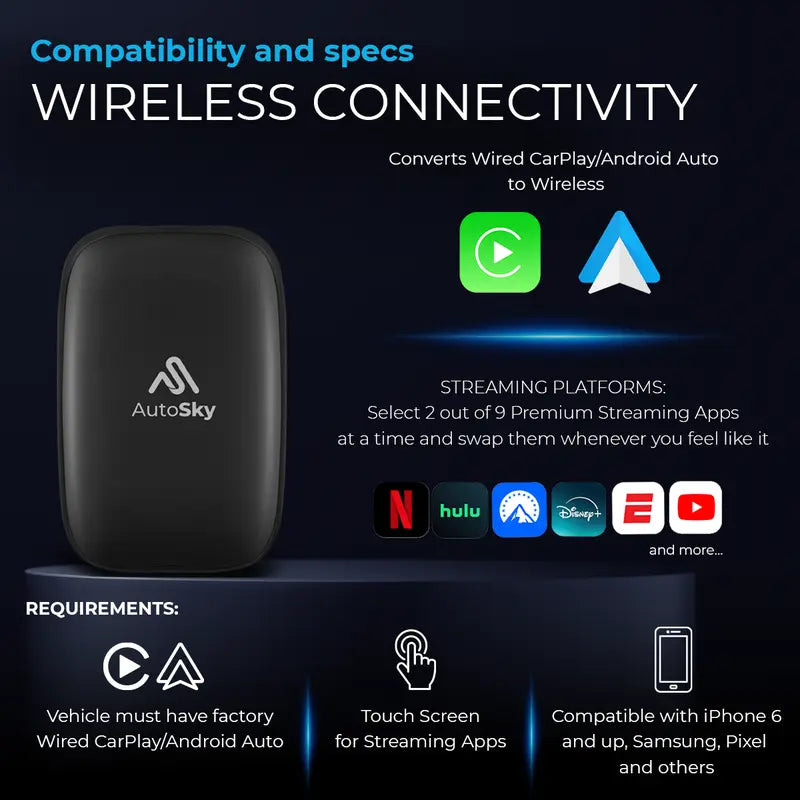 Autosky AI Box Lite Wireless Carplay Converter Car Video Players - Auto Accessories, Vehicle Accessory, Plug&Play, Wireless Android Auto, Wi-Fi Streaming for Road Trip Passengers (Netflix, Hulu, Disney+, ESPN, Youtube) | Requires Factory Wired Carplay