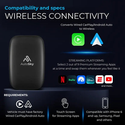 Autosky AI Box Lite Wireless Carplay Converter Car Video Players - Auto Accessories, Vehicle Accessory, Plug&Play, Wireless Android Auto, Wi-Fi Streaming for Road Trip Passengers (Netflix, Hulu, Disney+, ESPN, Youtube) | Requires Factory Wired Carplay