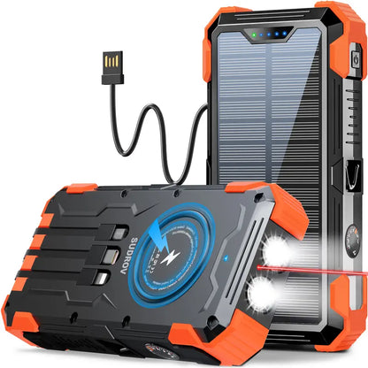 Unleash Power Anywhere: Sudrov 42800mAh Solar Rechargeable Power Bank with Fast Charging, Built-In Cables, and Dual Flashlights