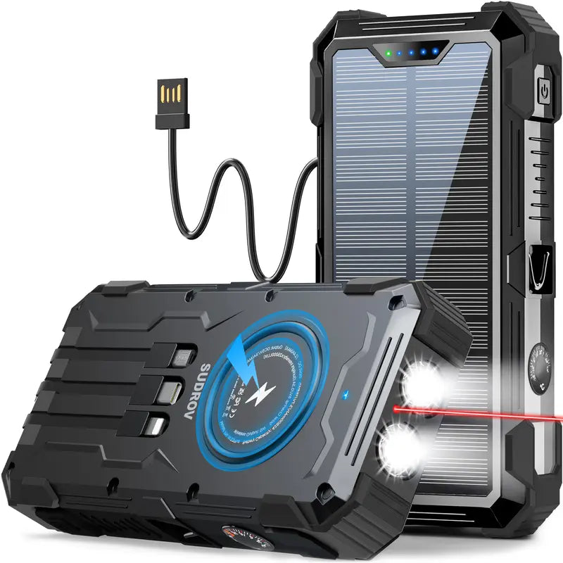 Unleash Power Anywhere: Sudrov 42800mAh Solar Rechargeable Power Bank with Fast Charging, Built-In Cables, and Dual Flashlights