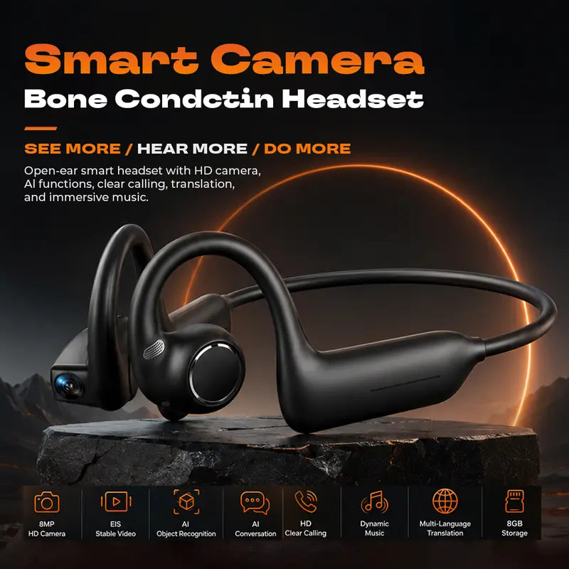 E12 Bluetooth Bone Conduction Wireless Audio Sport Headsets with BT Wireless Link, 8MP HD EIS Stabilization Camera Button, 160+ Languages Instant Translation, Touch Control, IP65 Waterproof for Outdoor Cycling Vlog Recording, Guys’ Outdoor Gadget Gifts