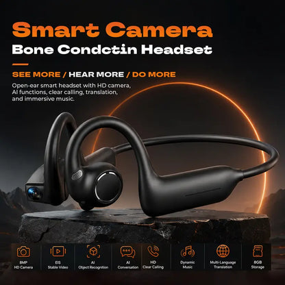 E12 Bluetooth Bone Conduction Wireless Audio Sport Headsets with BT Wireless Link, 8MP HD EIS Stabilization Camera Button, 160+ Languages Instant Translation, Touch Control, IP65 Waterproof for Outdoor Cycling Vlog Recording, Guys’ Outdoor Gadget Gifts