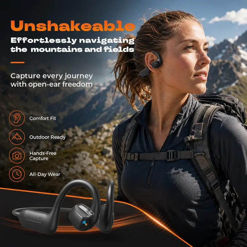 E12 Bluetooth Bone Conduction Wireless Audio Sport Headsets with BT Wireless Link, 8MP HD EIS Stabilization Camera Button, 160+ Languages Instant Translation, Touch Control, IP65 Waterproof for Outdoor Cycling Vlog Recording, Guys’ Outdoor Gadget Gifts