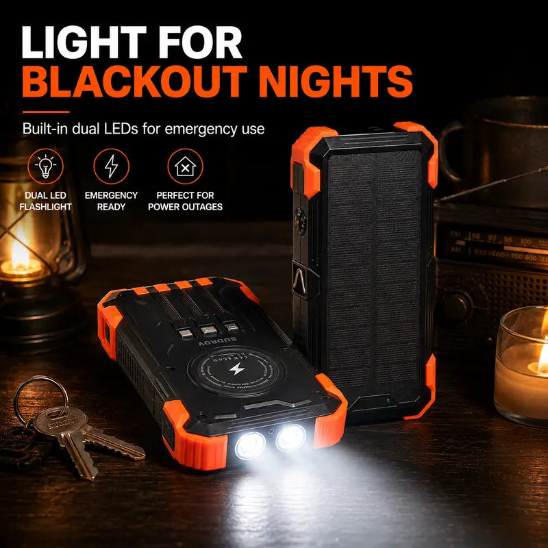 Unleash Power Anywhere: Sudrov 42800mAh Solar Rechargeable Power Bank with Fast Charging, Built-In Cables, and Dual Flashlights