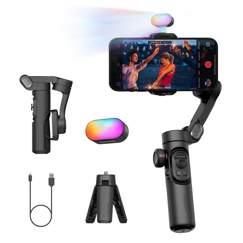 AOCHUAN 3-Axis Gimbal Stabilizer for Smartphone (Iphone/Android), Foldable Phone Accessory with RGB Magnetic Photographic Fill Light, Upgraded Face Tracking, Focus Wheel for Vlogging & Video Recording